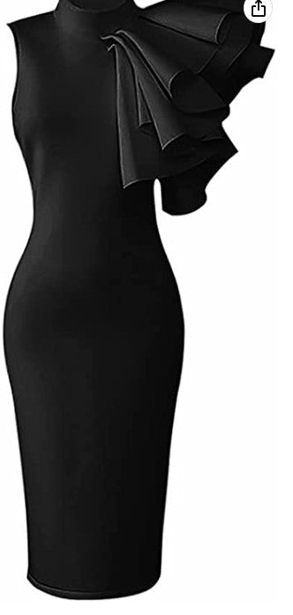 Black Sleeveless Ruffle Pencil Dress (Fitted)
