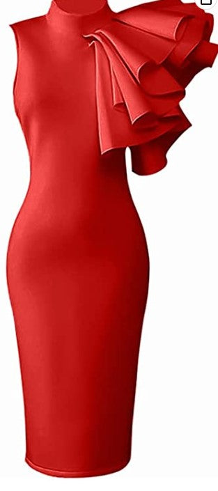 Sleeveless Ruffle Pencil Dress Red