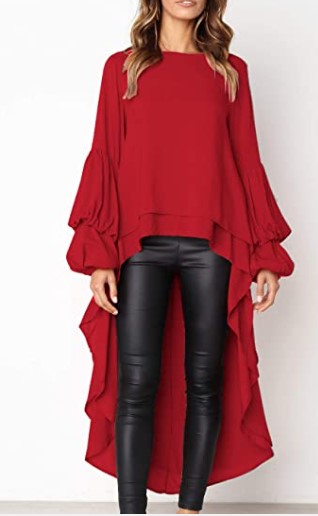 Red Rounded Collar Asymmetrical Long Flowing Blouse Dress