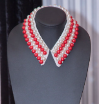 Hand Beaded Red and White Pearl Collar